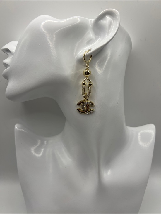 Upcycled Jewelry - 1446. Gold-Tone Dangle Earrings with Interlocking Stamped Logo Charm.